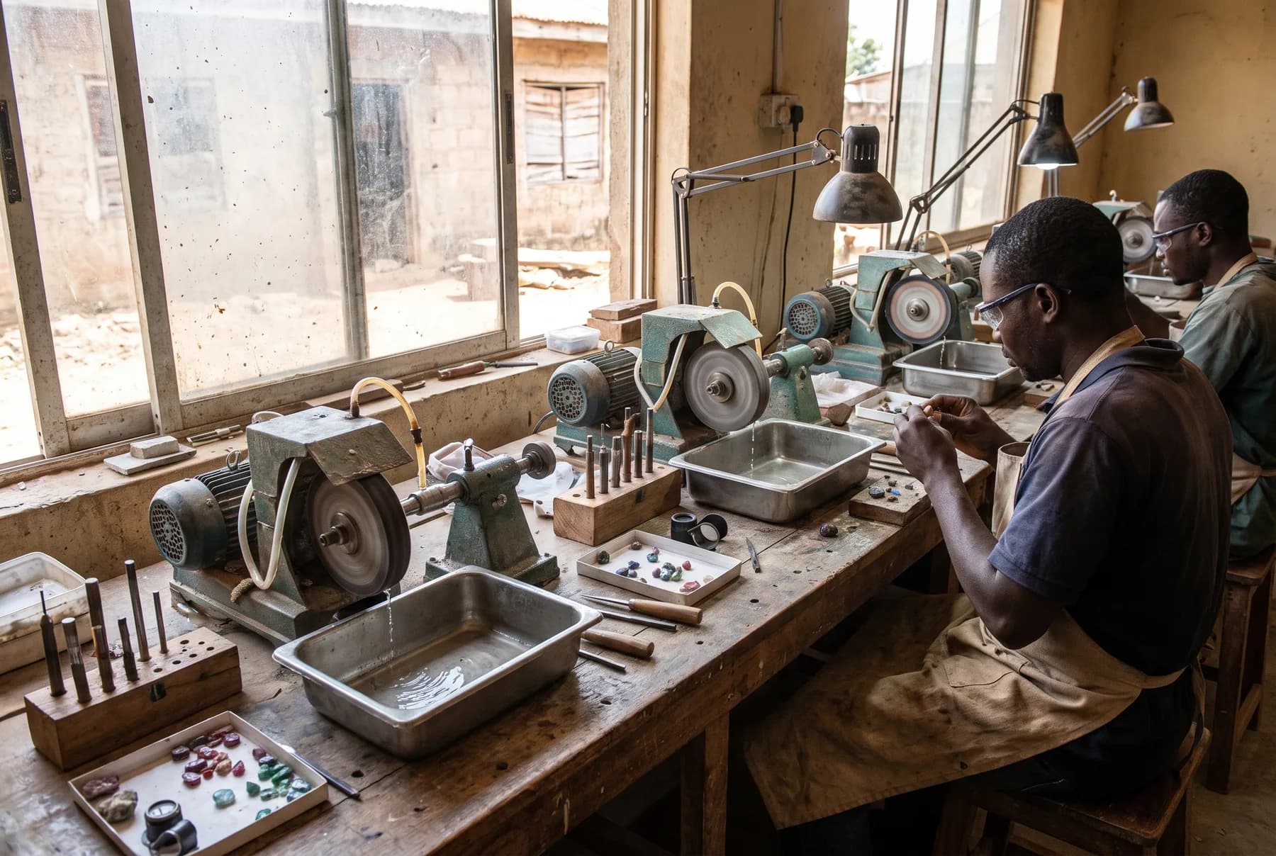 A lapidary bench with faceting machines, trays of rough stones and task lighting.