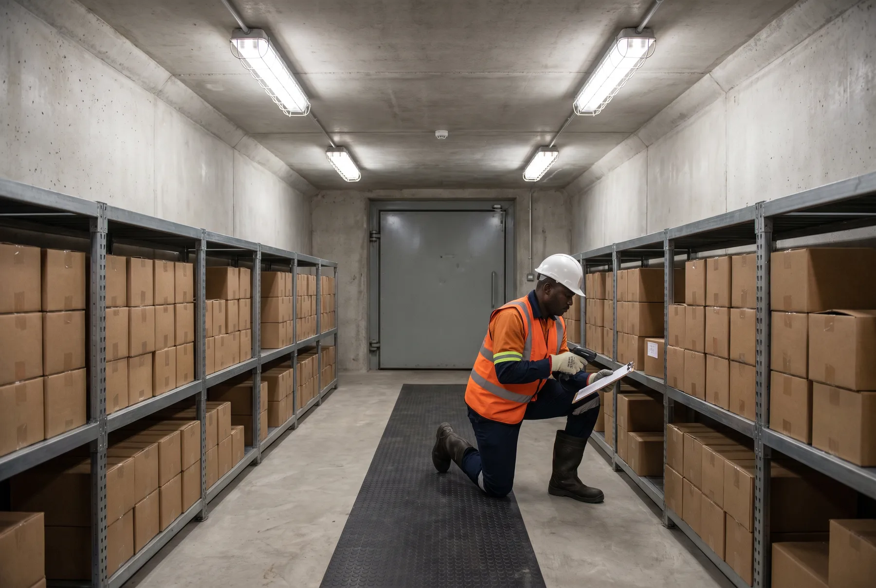 The interior of a licensed explosives storage magazine, with labelled cartons on steel racking and clear aisles.